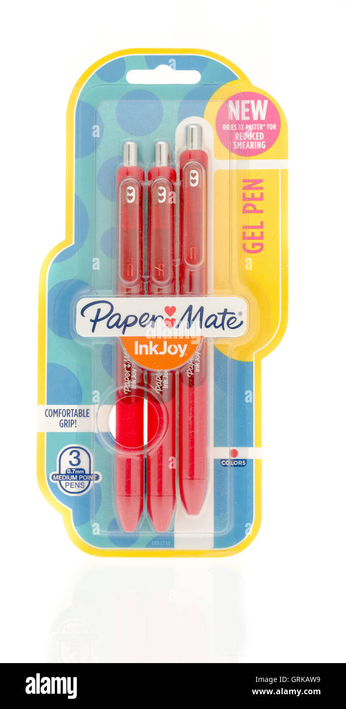 Winneconne, WI - 20 August 2016: Package of Paper mate red pens on an isolated background. Stock Photo