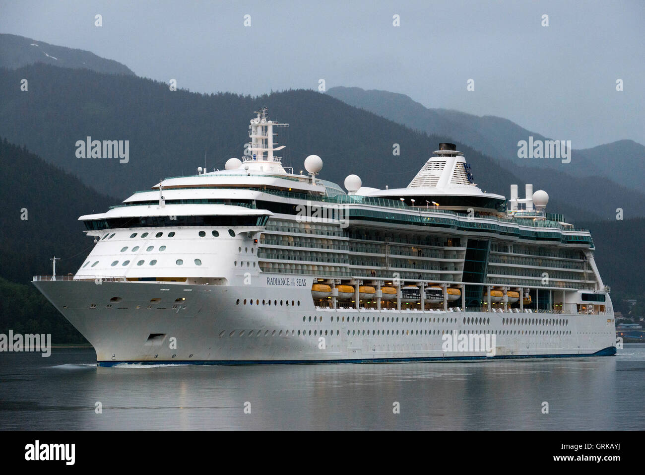 Radiance of the Seas, sailing near the South Franklin dock, Juneau, Alaska. Royal Caribbean International’s Radiance of the Seas Stock Photo