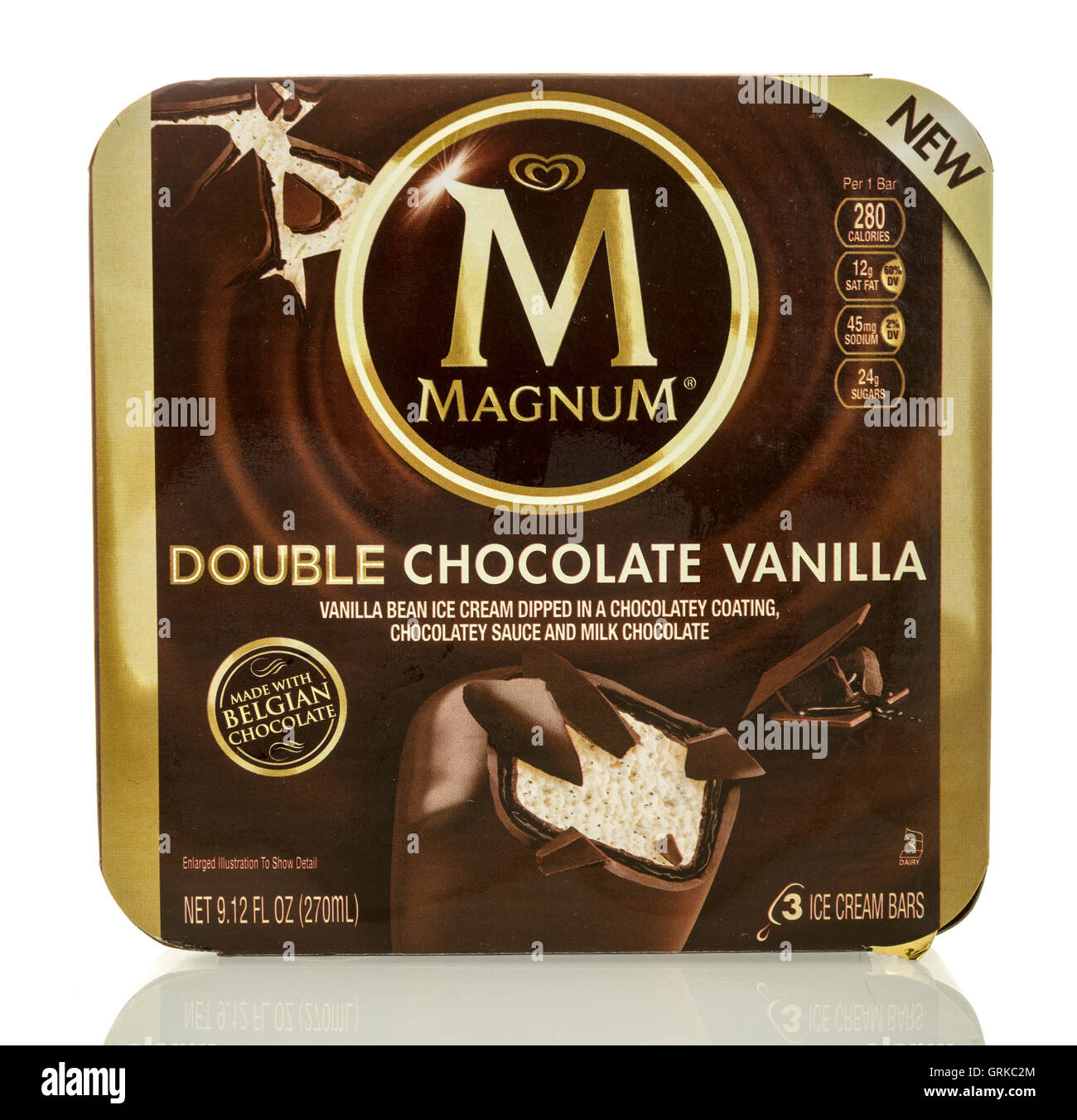 Winneconne, WI - 27 August 2016:  Box of Magnum double chocolate vanilla ice cream bars on an isolated background. Stock Photo