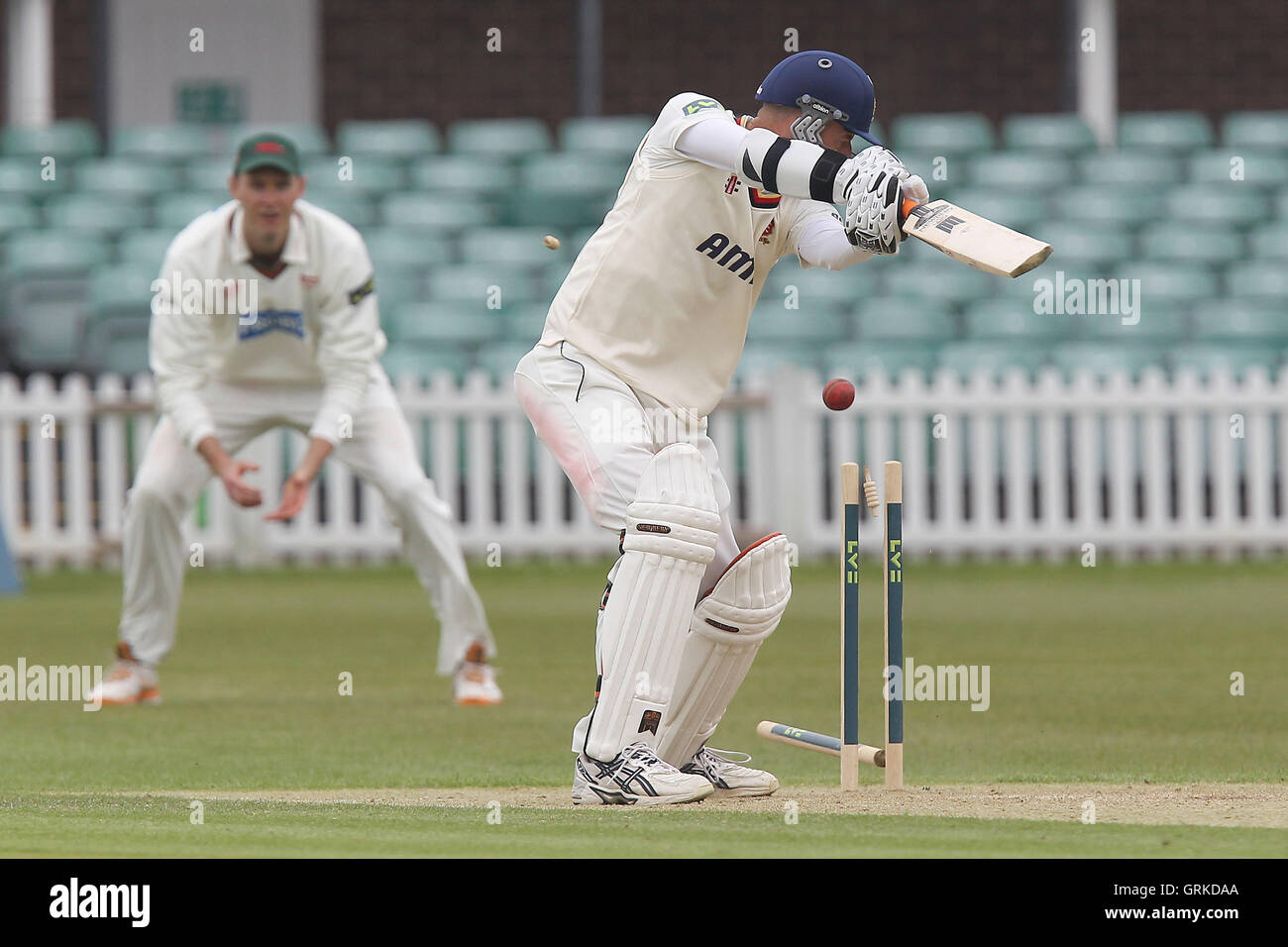 Charl Willoughby of Essex is bowled out by Wayne White Leicestershire