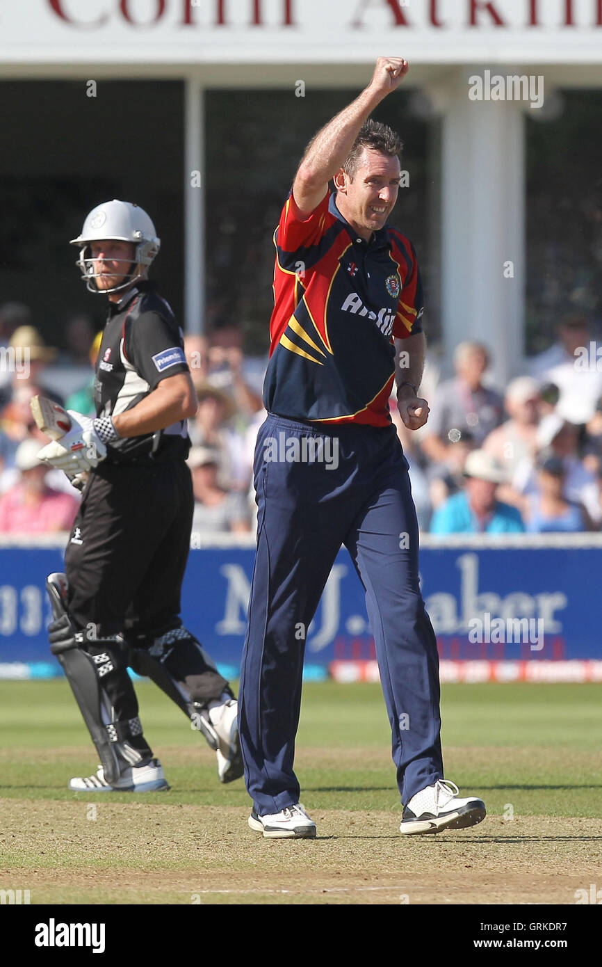 David Masters of Essex celebrates the wicket of Albie Morkel - Somerset Sabres vs Essex Eagles - Friends Life T20 Quarter-Final Cricket at the County Ground, Taunton - 24/07/12 Stock Photo