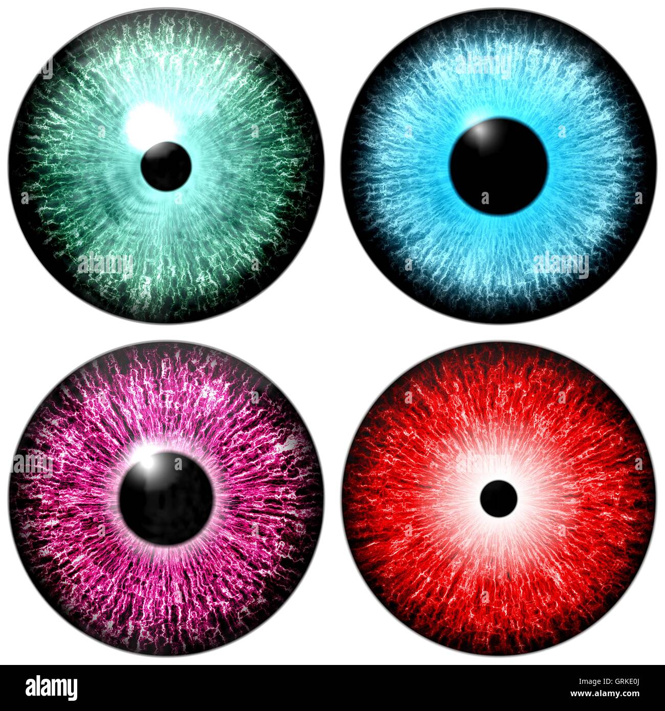 Four illustrated eyes in one set. Red eye. Blue eye. Purple eye. Green eye. Stock Photo
