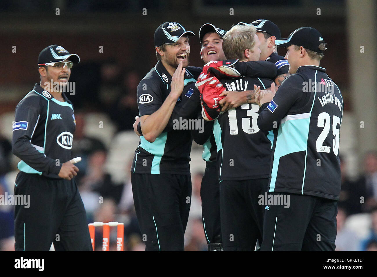 Surrey players celebrate the wicket of Owais Shah - Surrey Lions vs Essex Eagles - Friends Life T20 South Division Cricket at the Kia Oval,London - 13/06/12. Stock Photo