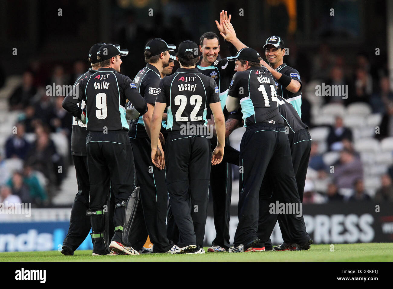 Surrey players celebrate the wicket of Ryan ten Doeschate - Surrey Lions vs Essex Eagles - Friends Life T20 South Division Cricket at the Kia Oval,London - 13/06/12. Stock Photo