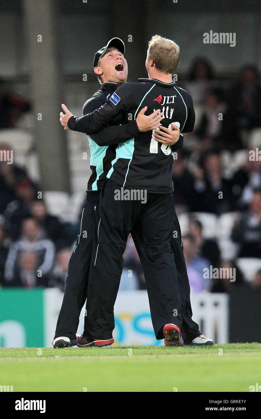 Surrey players celebrate the wicket of James Franklin - Surrey Lions vs Essex Eagles - Friends Life T20 South Division Cricket at the Kia Oval,London - 13/06/12. Stock Photo
