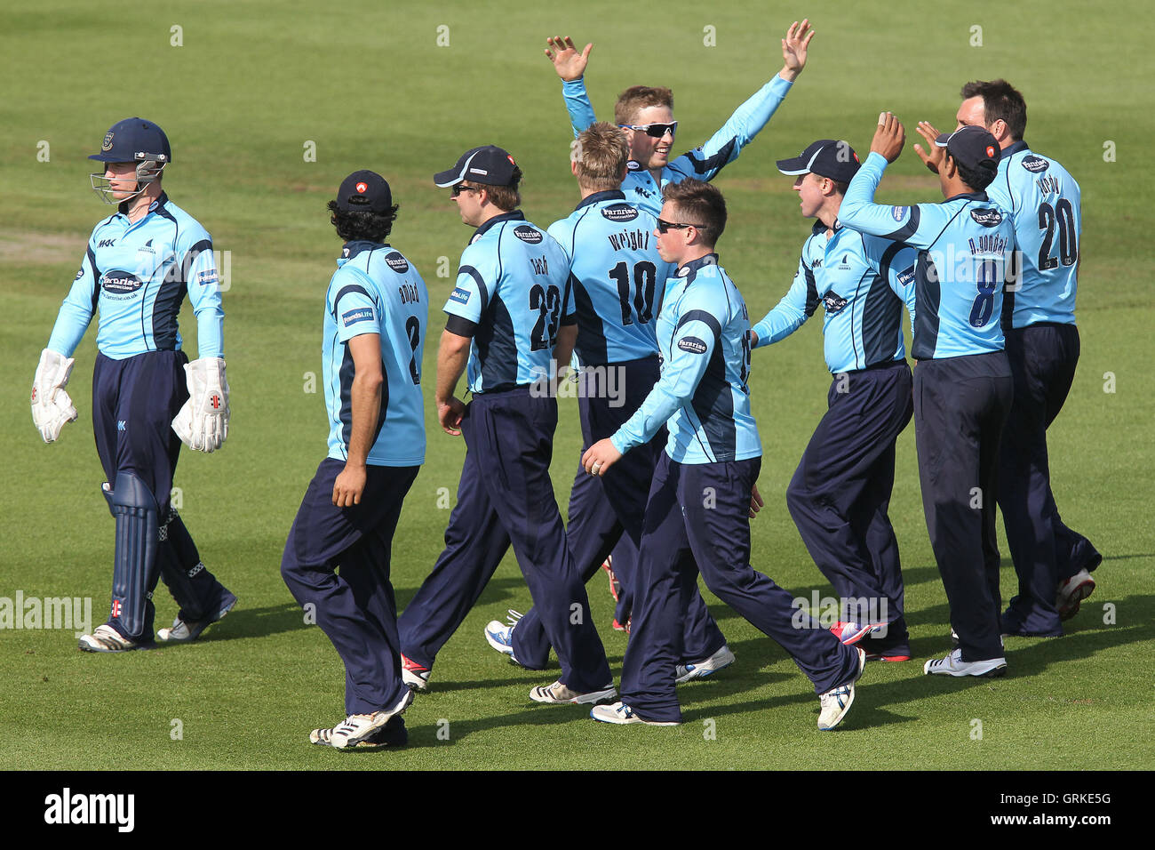 Sussex players celebrate the wicket of Tim Phillips - Sussex Sharks vs Essex Eagles - Friends Life T20 Cricket at the Probiz County Ground, Hove - 24/06/12 Stock Photo