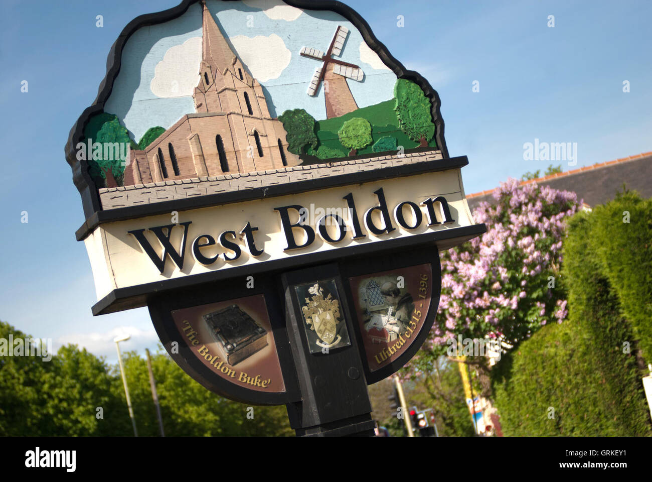 Sign for West Boldon village, South Tyneside Stock Photo Alamy