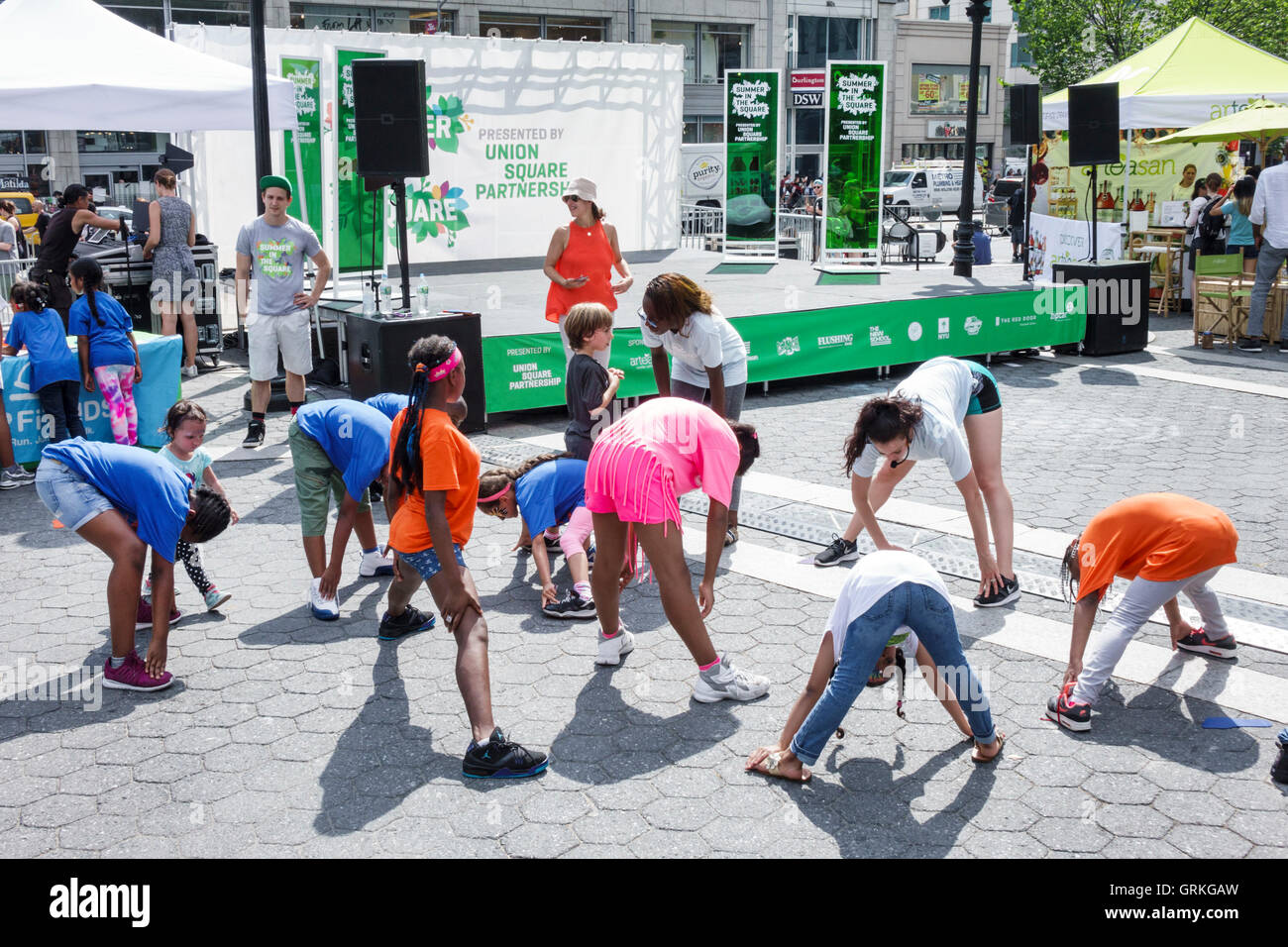 New York City,NY NYC,Manhattan,Midtown,Union Square Park,public park,Summer in the Square,weekly entertainment series,Children's Pavilion,fitness clas Stock Photo