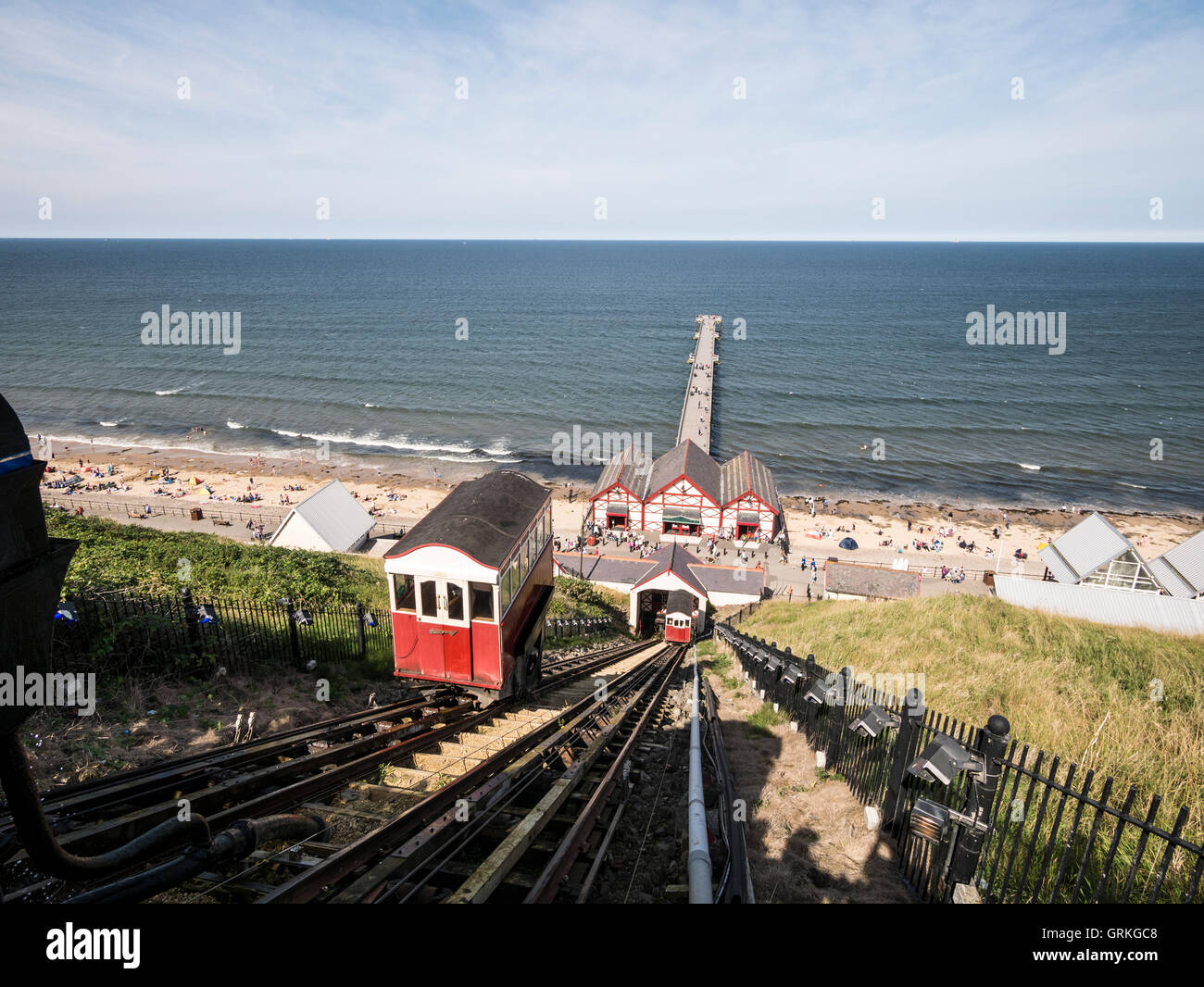 SaltburnbytheSea Pier and Cliff Lift Cleveland UK opened in 1884 and 120ft.high Stock Photo