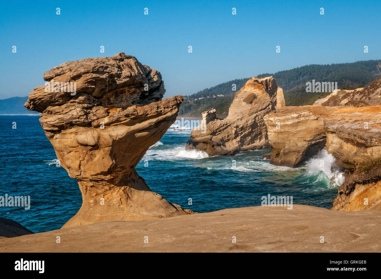 Sandstone rock formation known as 'Duckbill' at Cape Kiwanda on the central Oregon Coast. The rock was toppled by vandals in Aug Stock Photo