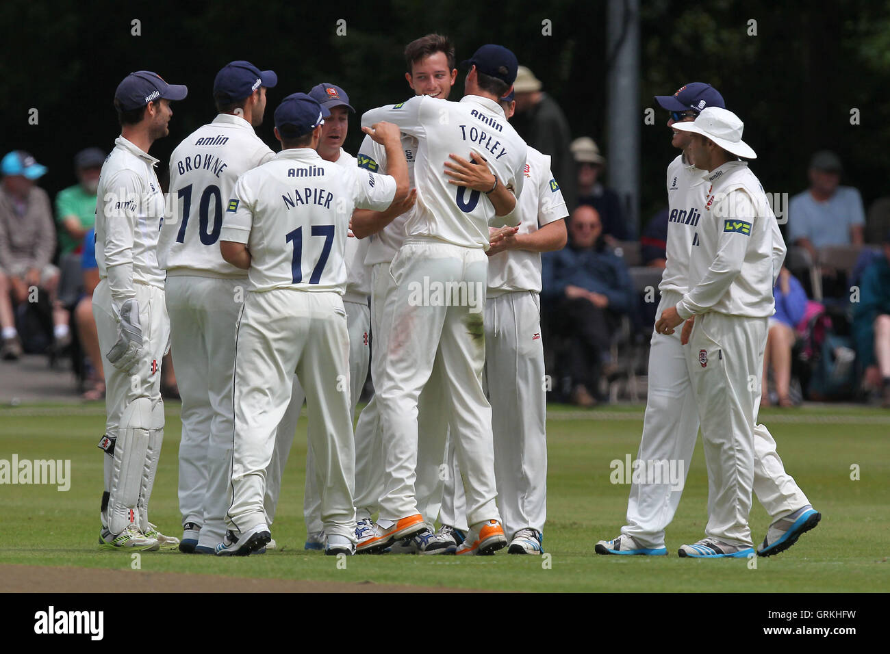 Delight for Tom Moore of Essex (C) as he claims the wicket of Ben Slater - Derbyshire CCC vs Essex CCC - LV County Championship Division Two Cricket at Queen's Park, Chesterfield - 07/07/14 Stock Photo