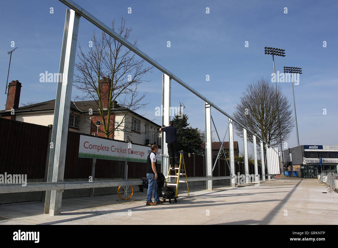 A view of the new sight screen area under construction at the Hayes