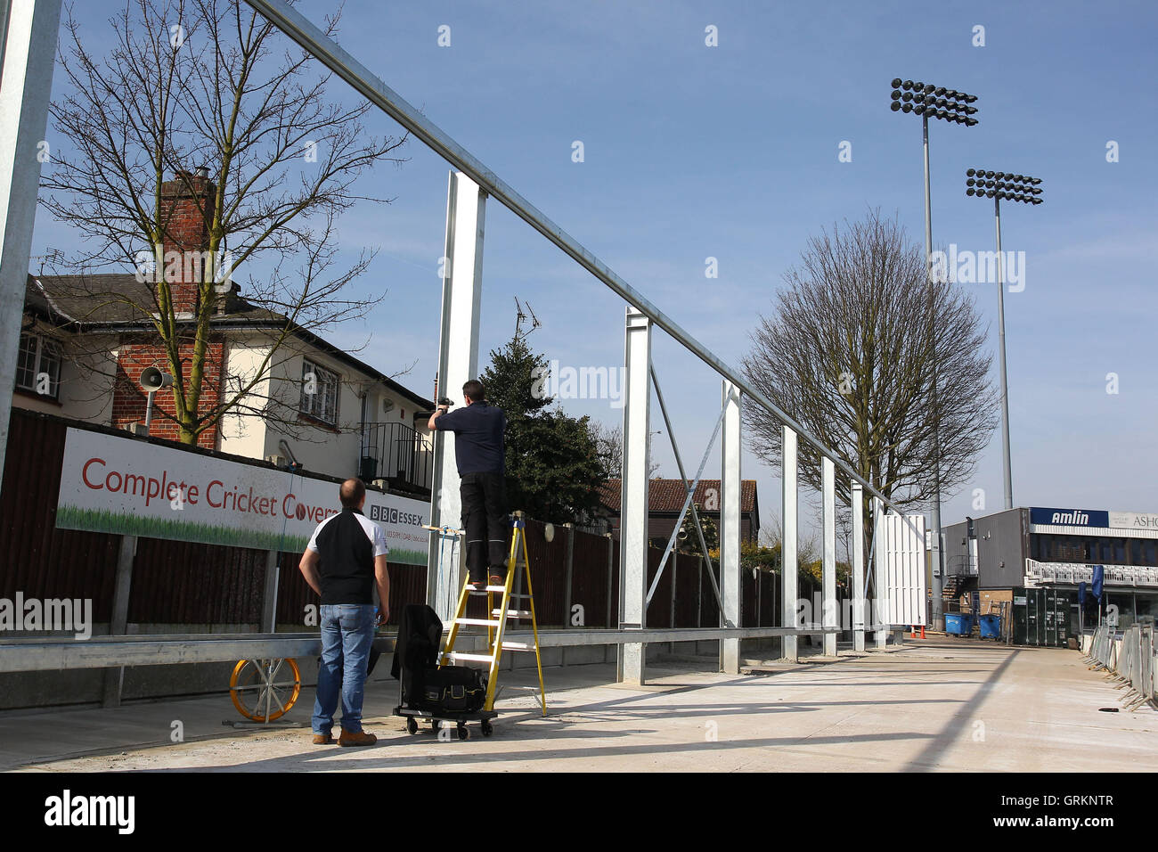 A view of the new sight screen area under construction at the Hayes