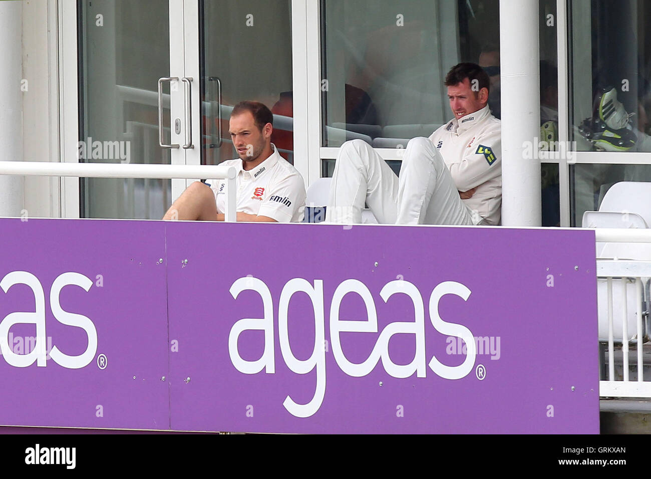David Masters (R) and Nick Browne look on from the Essex dressing room ...
