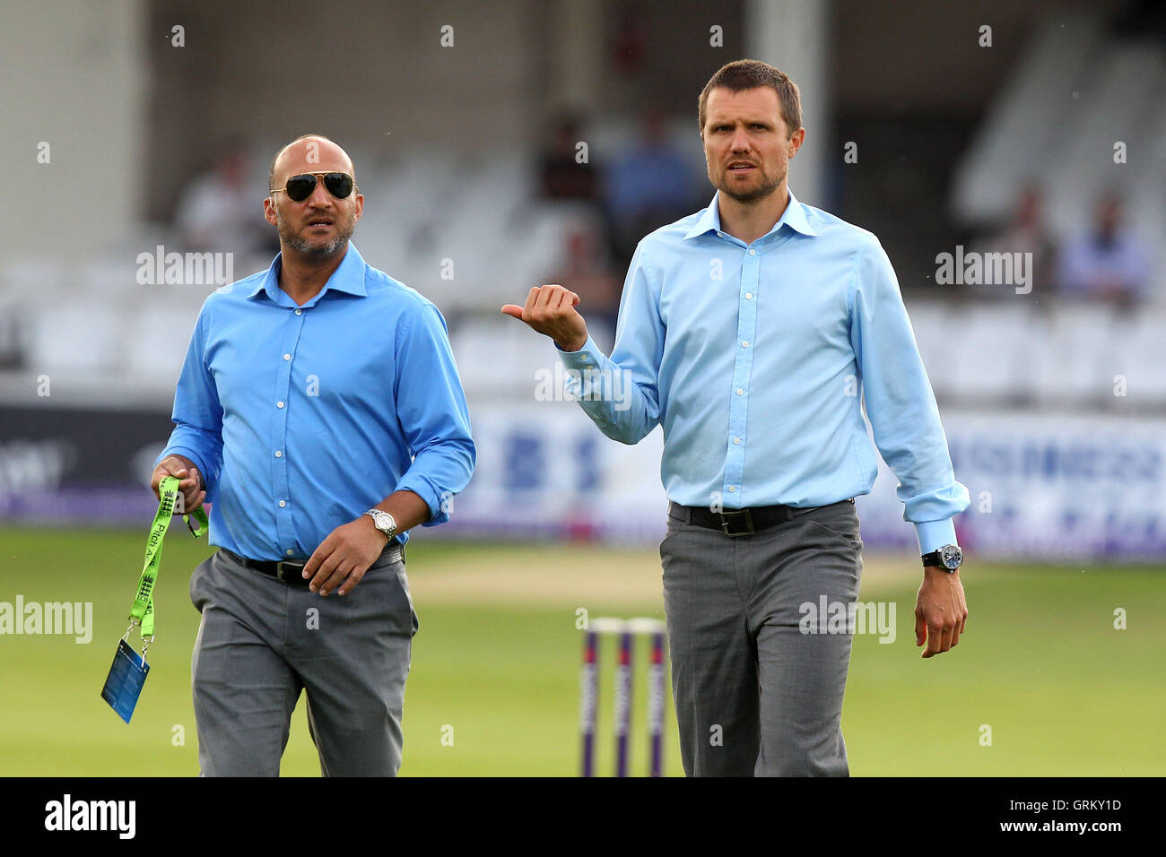 Mark Butcher (L) and Dirk Nannes are seen ahead of the match - Kent Spitfires vs Essex Eagles - Natwest T20 Blast Cricket at the Spitfire Ground, St Lawrence, Canterbury - 11/06/14 Stock Photo