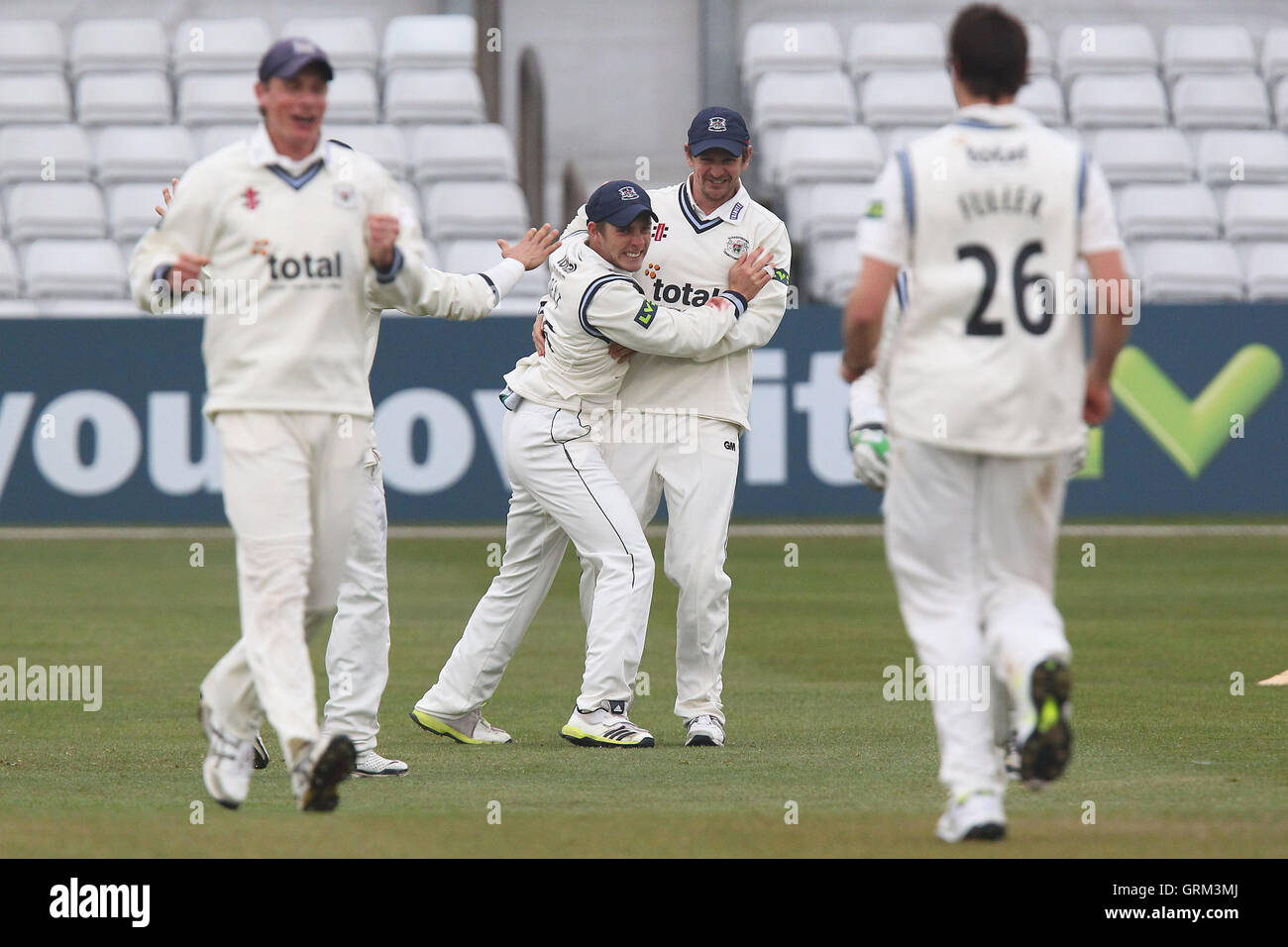 Gloucestershire celebrate the wicket of Ben Foakes - Essex CCC vs Gloucestershire CCC - LV County Championship Division Two Cricket at the Essex County Ground, Chelmsford - 11/04/13 Stock Photo