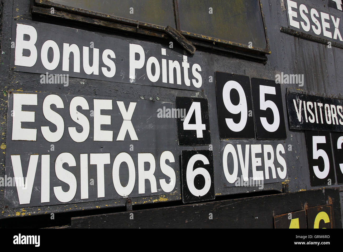 A close up view of the mobile scoreboard in use at Castle Park - Essex CCC vs Northamptonshire CCC - LV County Championship Division Two Cricket at Castle Park, Colchester Cricket Club - 23/08/13 Stock Photo