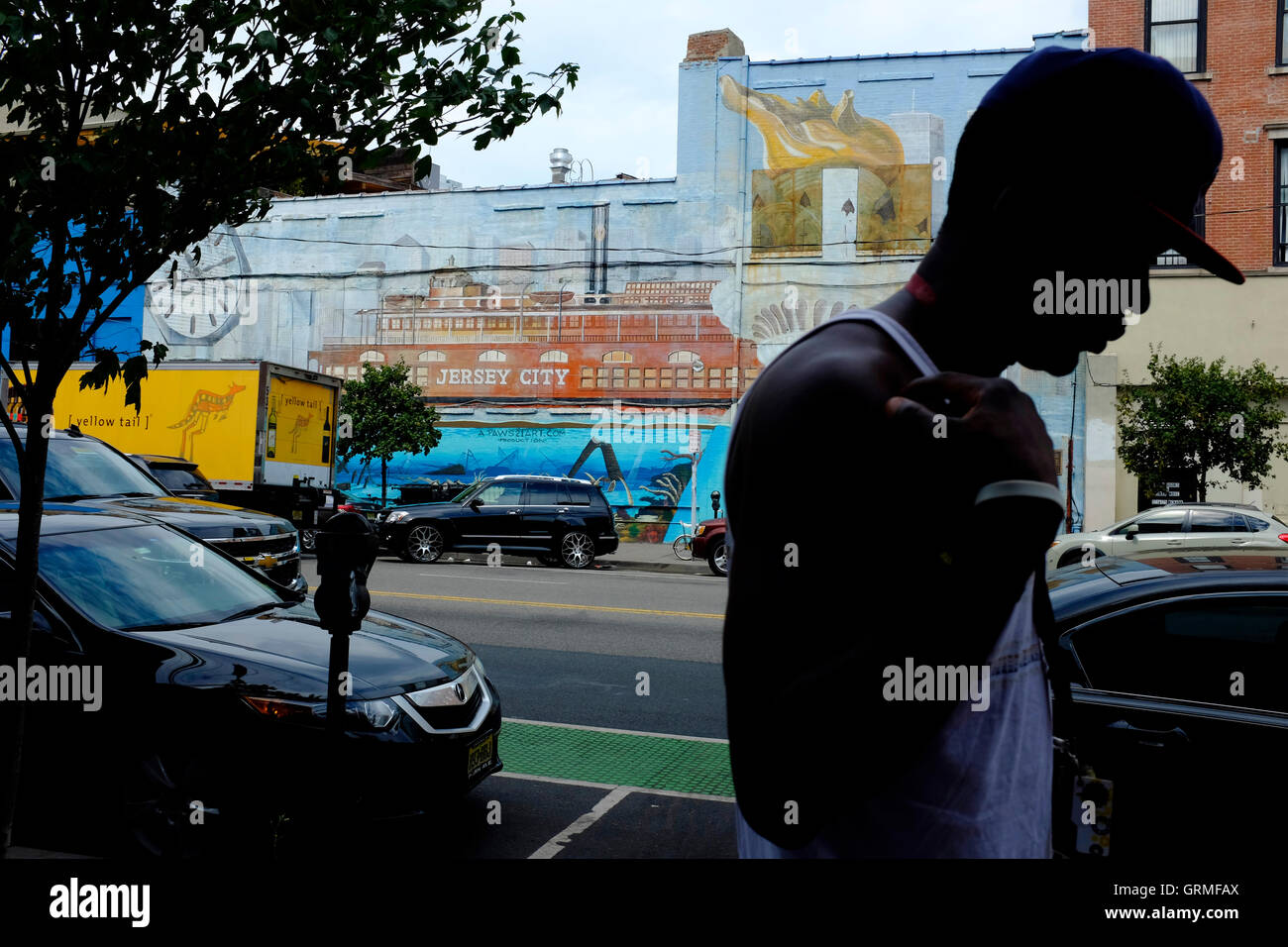 Mural on building facade along Christopher Columbus Drive.Jersey City,New Jersey,USA Stock Photo