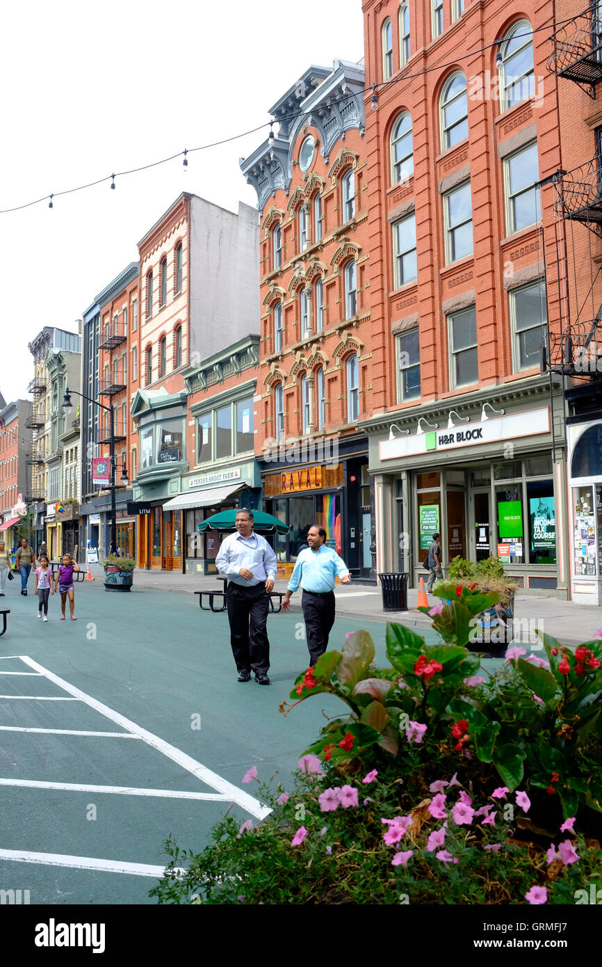 Pedestrian plaza with historic architectures at Newark Avenue in