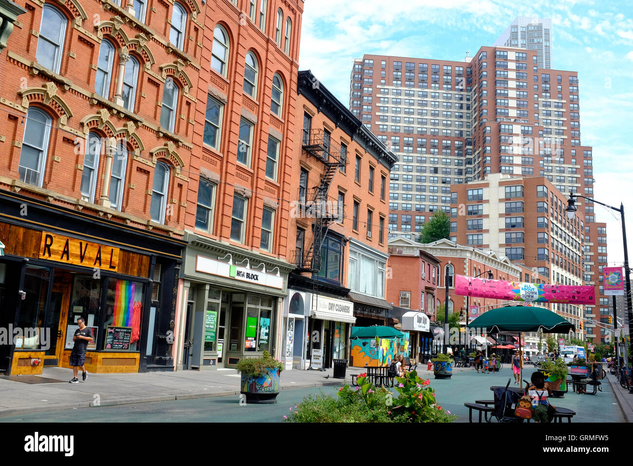 Historic architectures at Newark Avenue with highrise apartment in the