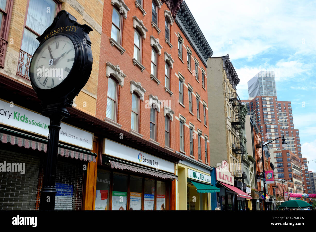 Historic architectures at Newark Avenue with highrise apartment in the