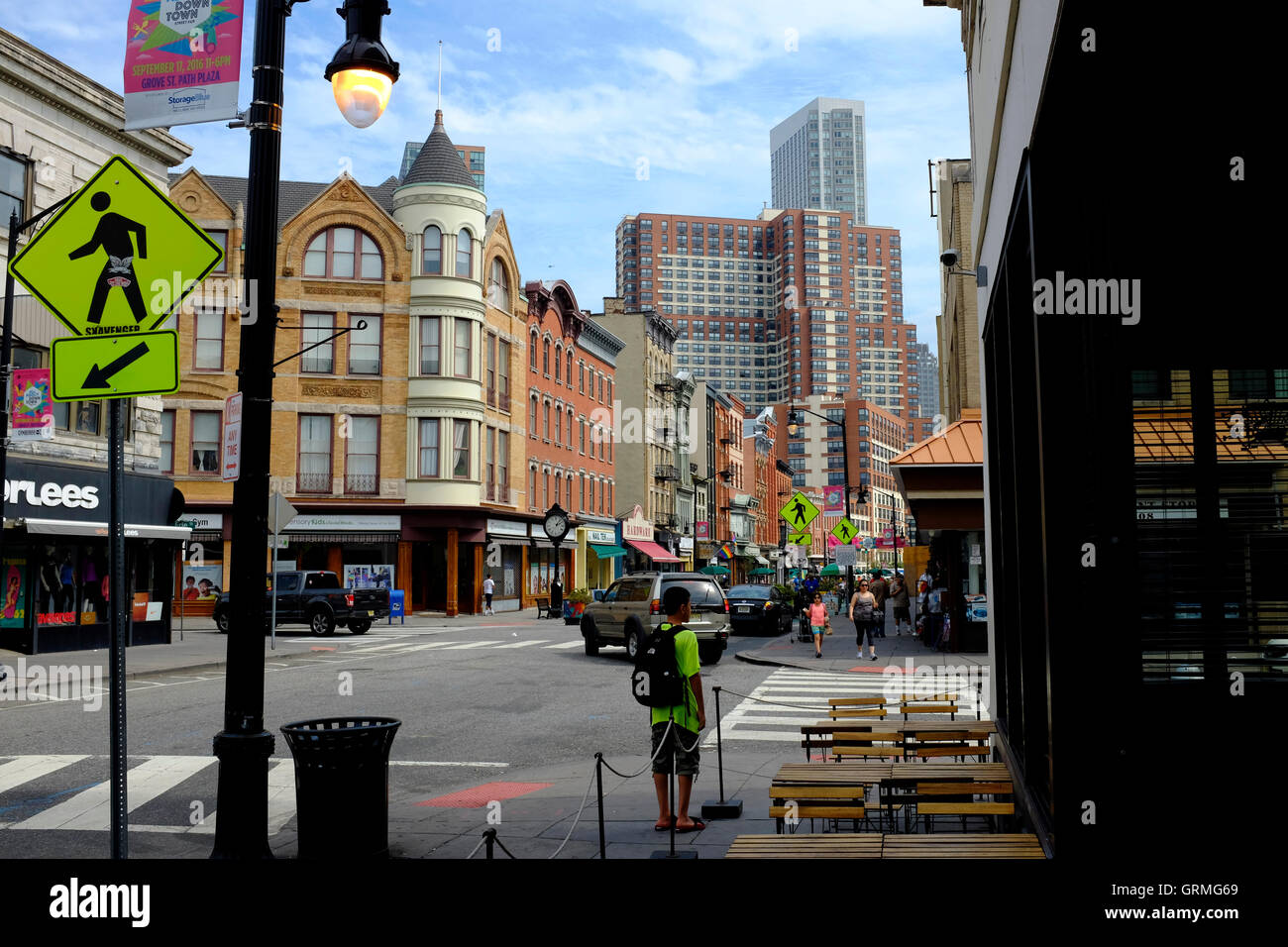 Newark Avenue with old and new buildings in Historic Downtown of Jersey City,New Jersey,USA