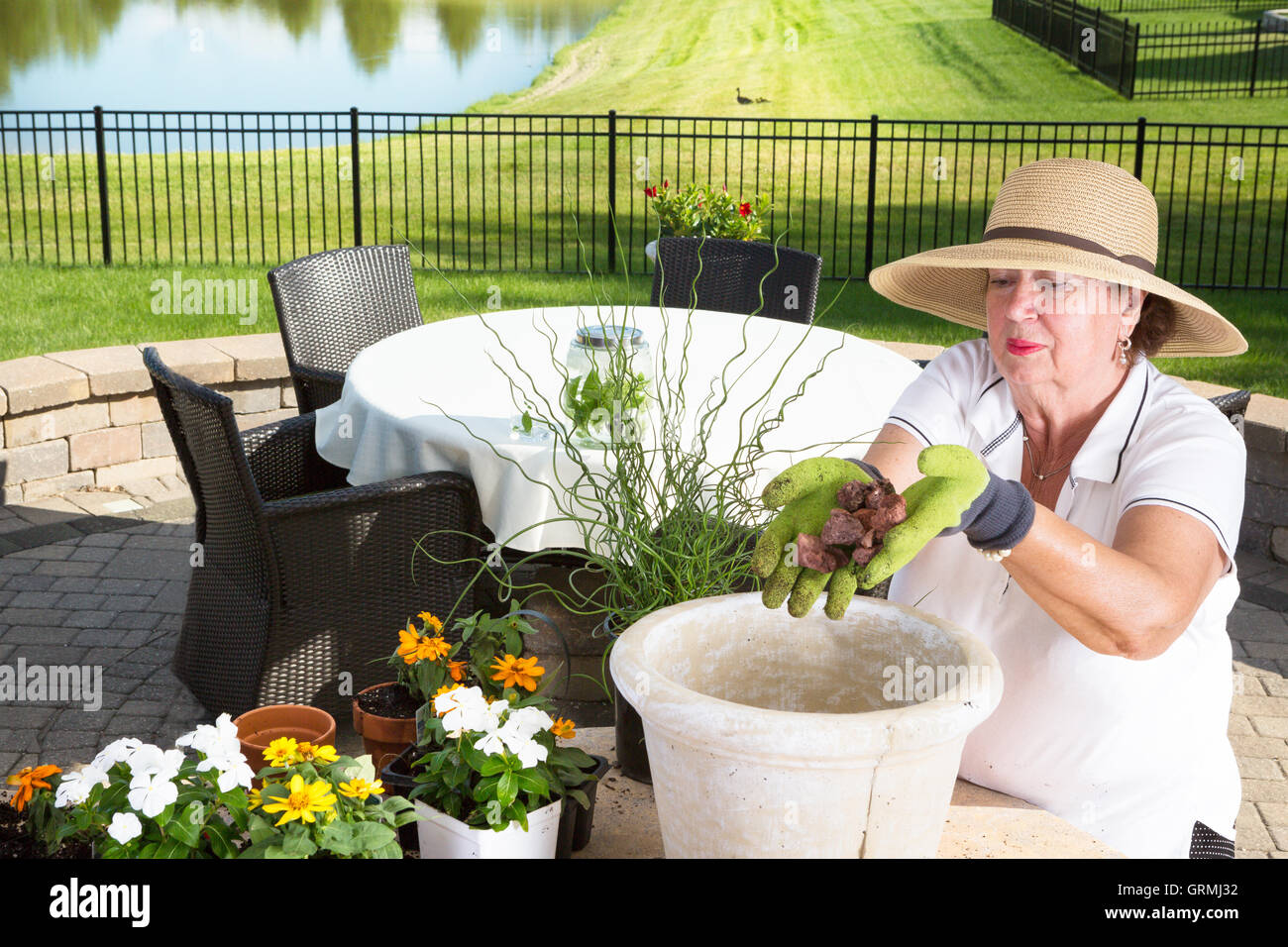 Senior lady gardener potting up a large planter on an outdoor brick patio adding a handful of stones to the bottom for drainage Stock Photo