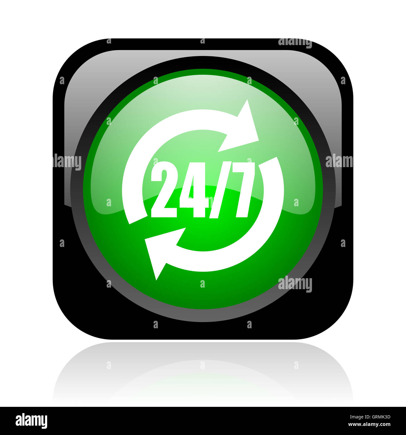 24/7 service black and green square web glossy icon Stock Photo