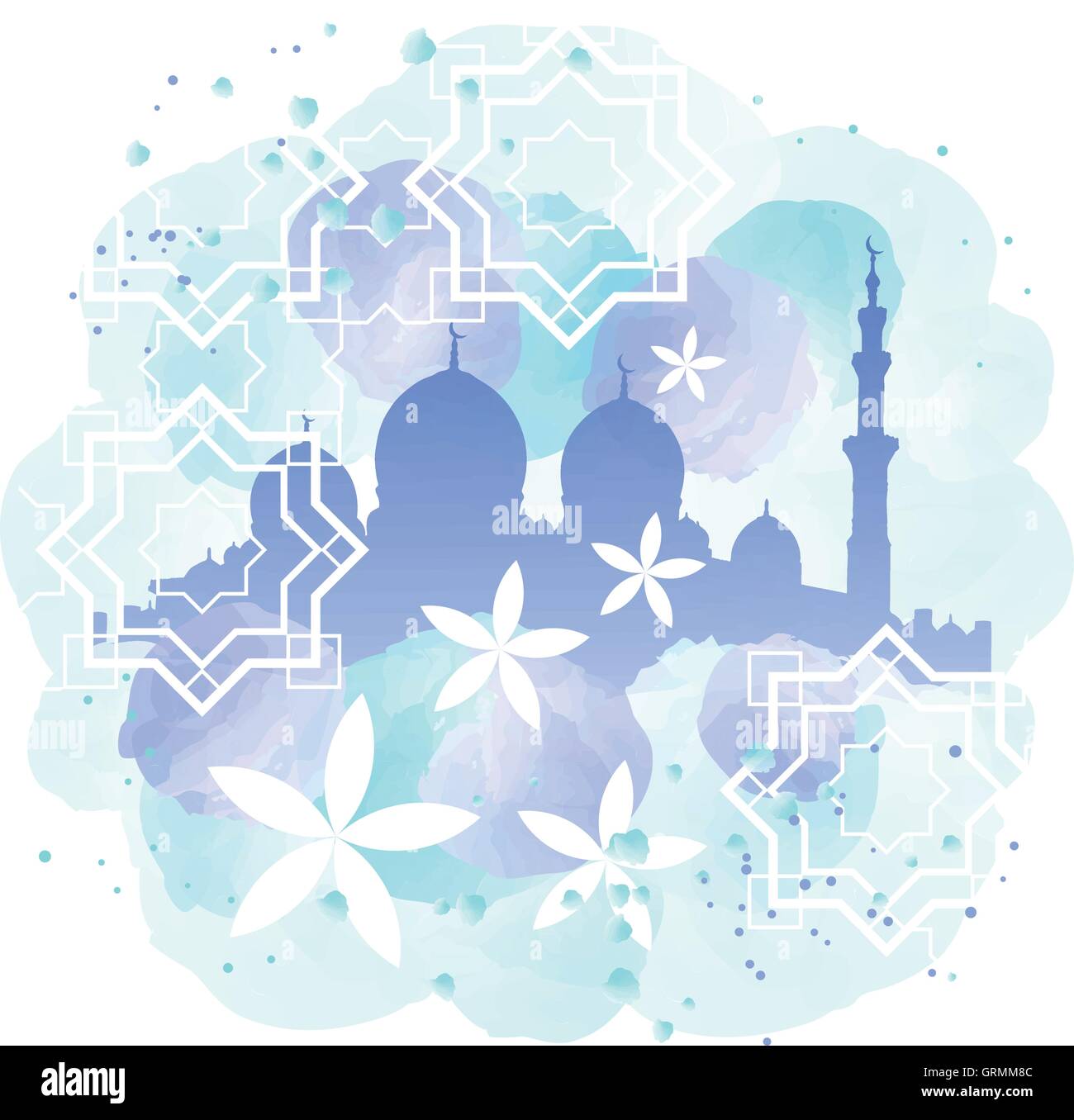 Mosque silhouette and arabian patterns watercolor painting imitation Stock Vector