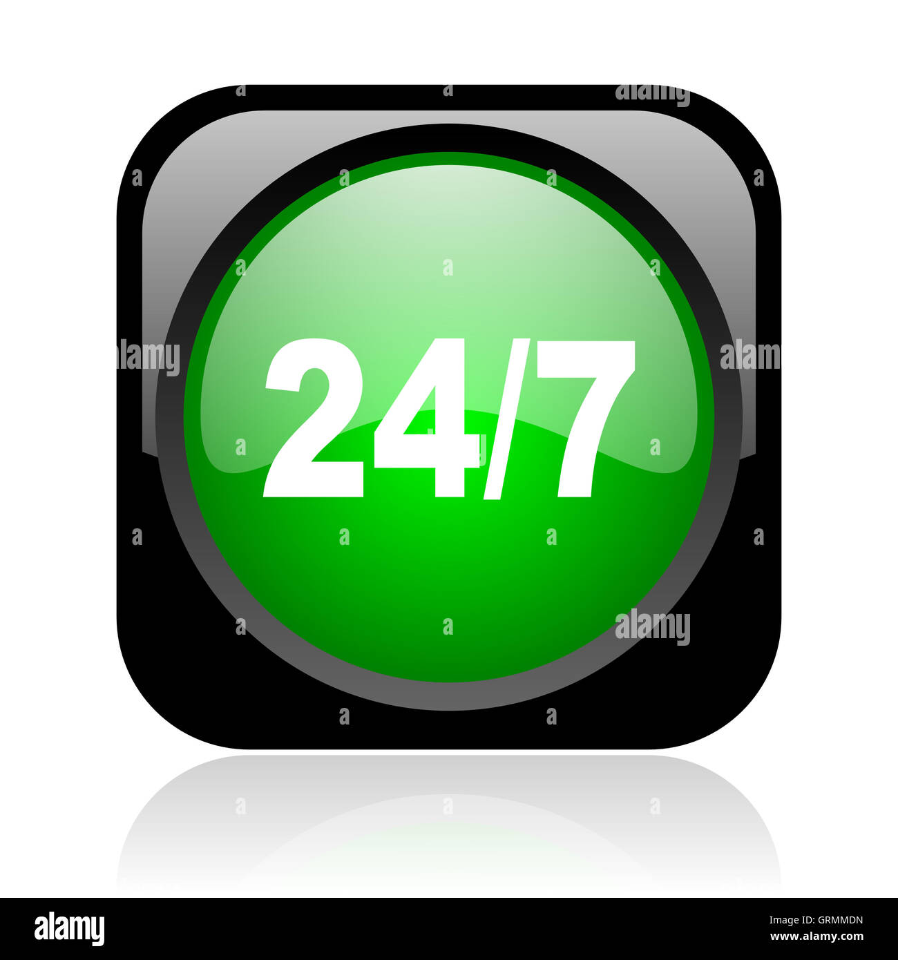 24/7 black and green square web glossy icon Stock Photo