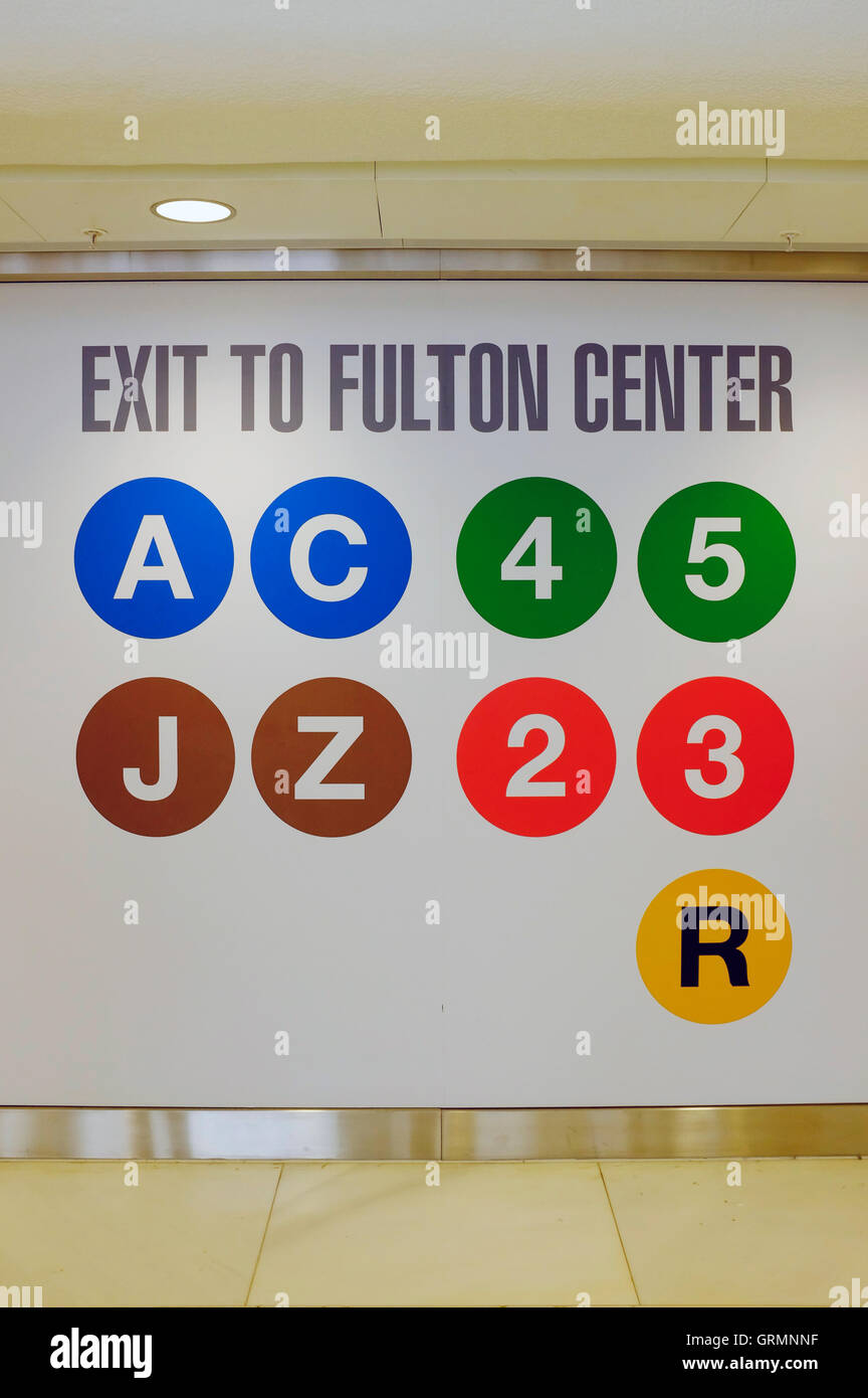 Number of subway line sign by the entrance of a subway station at Oculus World Trade Center Transportation Hub,New York City,USA Stock Photo