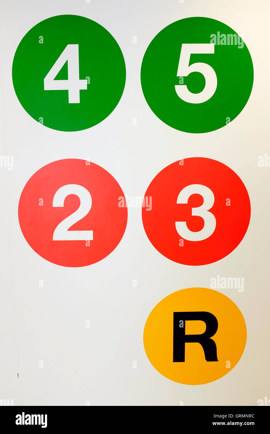 Number of subway line sign by the entrance of a subway station at Oculus World Trade Center Transportation Hub,New York City,USA Stock Photo