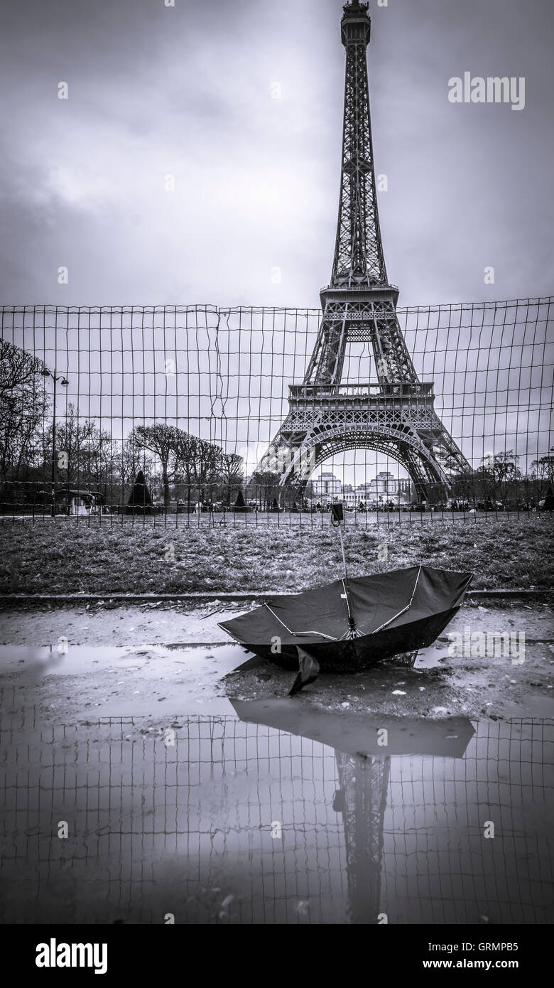 Eiffel tower monochrome on rainy day Stock Photo