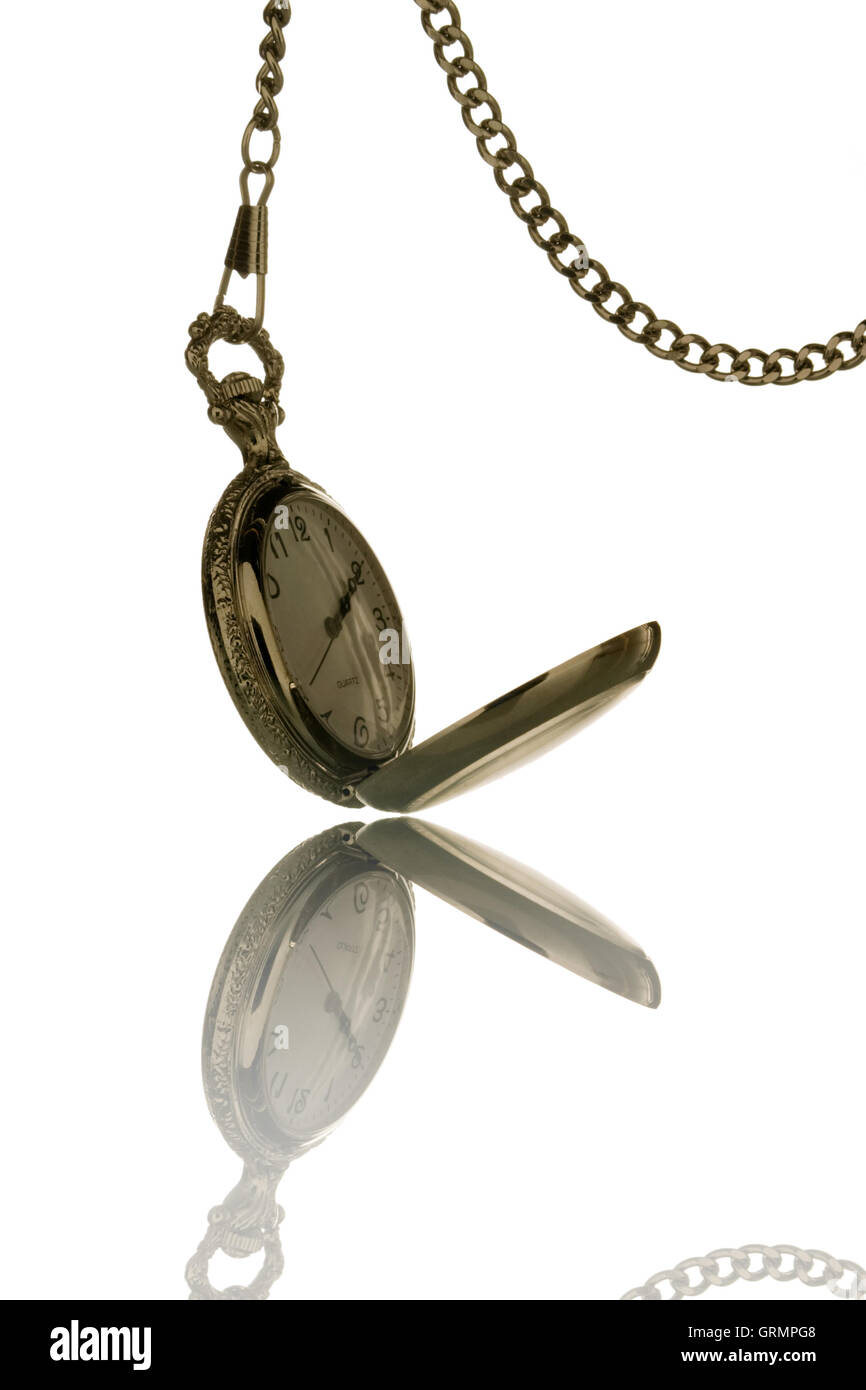 silver pocket watch and chain over white background Stock Photo - Alamy