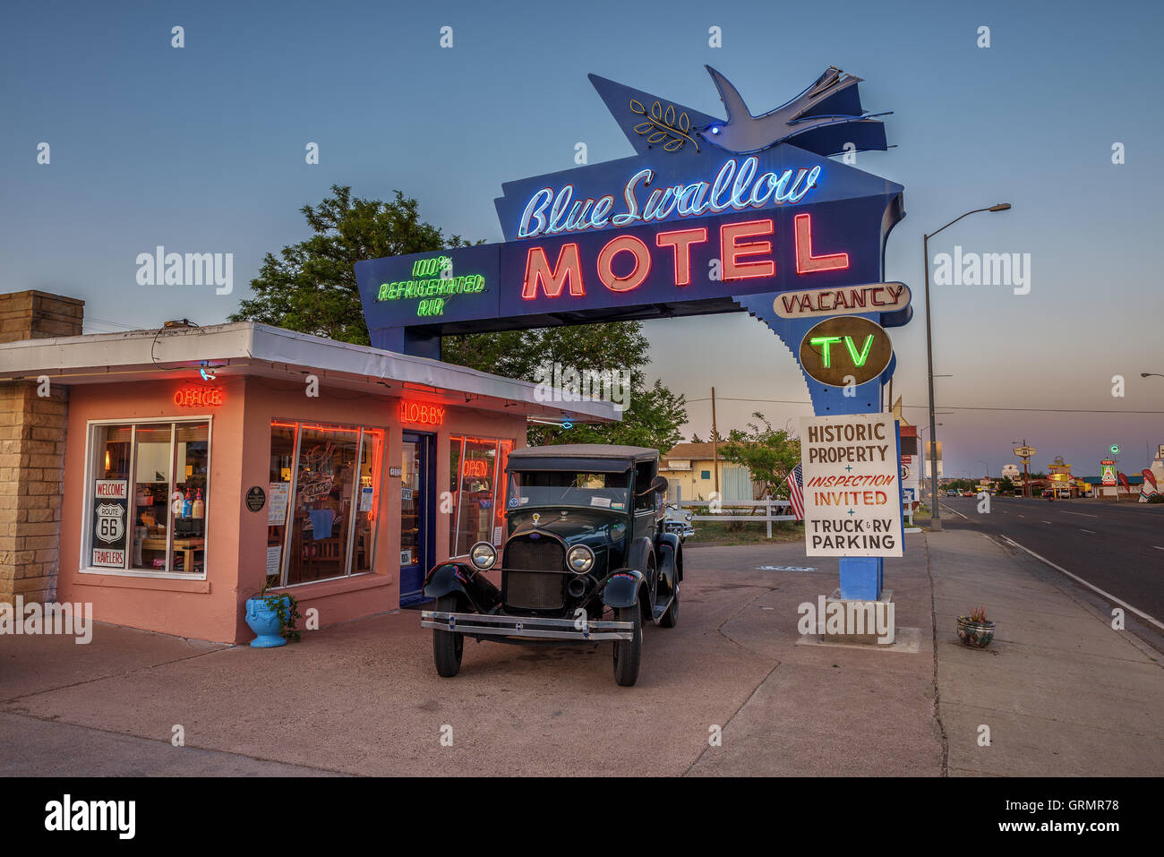 Historic Blue Swallow Motel at sunset Stock Photo
