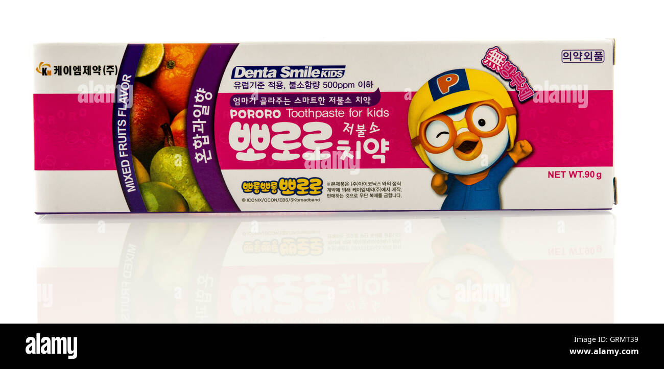 Winneconne, WI - 3 September 2016:  Box of Denta smile toothpaste featuring pororo on an isolated background. Stock Photo