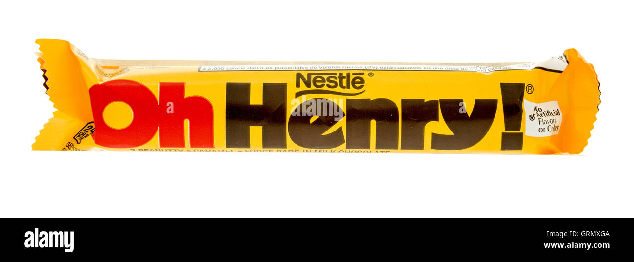 Winneconne, WI - 29 July 2016:  Nestle Oh Henry candy bar on an isolated background. Stock Photo