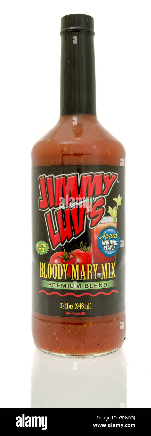 Winneconne, WI - 29 July 2016: Bottle of Jimmy luv's bloody mary mix on an isolated background. Stock Photo