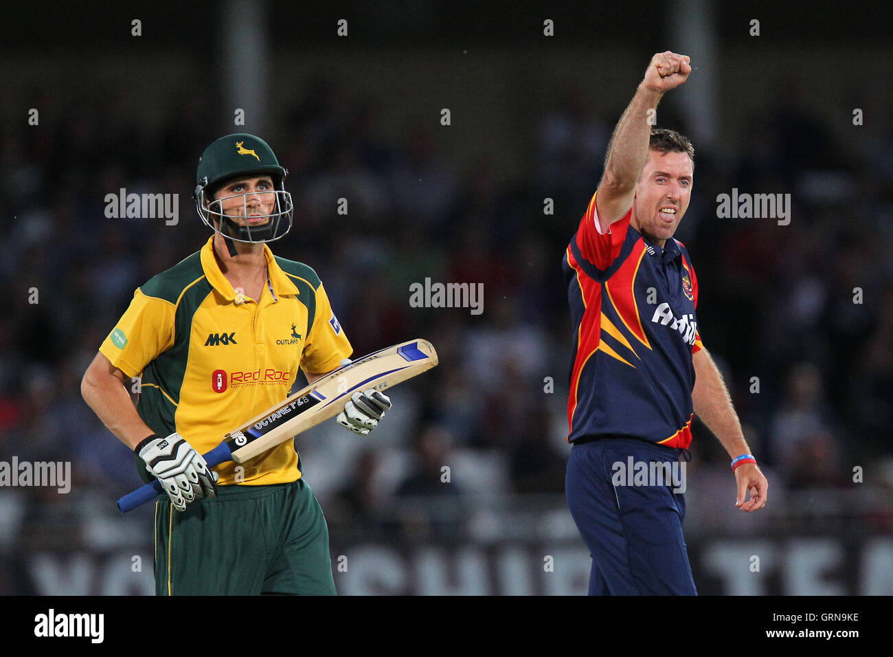 David Masters of Essex celebrates the wicket of Alex Hales - Nottinghamshire Outlaws vs Essex Eagles - Friends Life T20 Cricket Quarter-Final at Trent Bridge, Nottingham - 08/08/13 Stock Photo