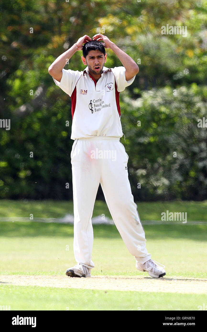 K Patel in action for Fives - Fives & Heronians CC vs Ardleigh Green CC - Essex Cricket League Cup - 03/05/14 Stock Photo