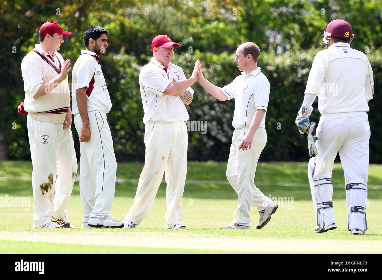 Fives players celebrate the wicket of L Edwards - Fives & Heronians CC vs Ardleigh Green CC - Essex Cricket League Cup - 03/05/14 Stock Photo