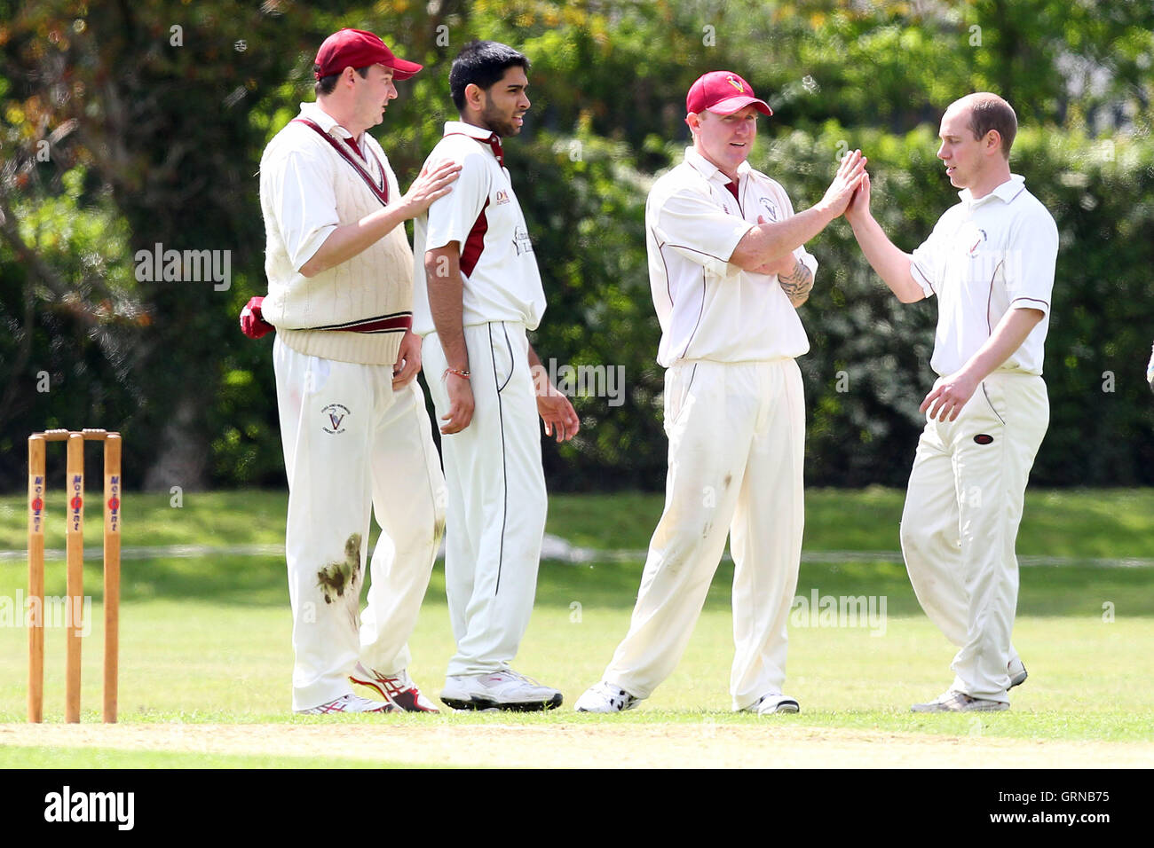 Fives players celebrate the wicket of L Edwards - Fives & Heronians CC vs Ardleigh Green CC - Essex Cricket League Cup - 03/05/14 Stock Photo