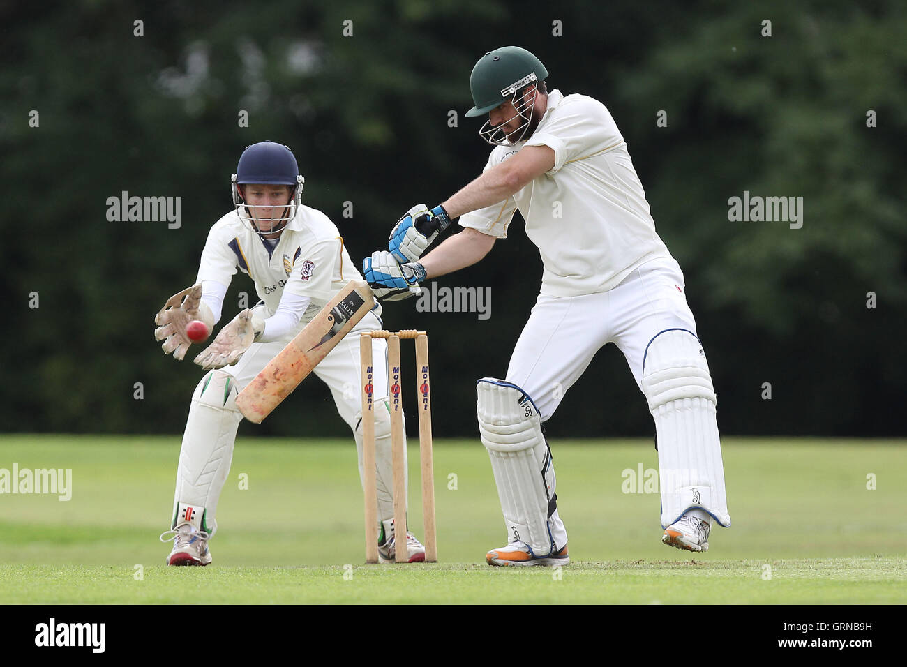 Matthew Tarr in batting action for Gidea Park - Gidea Park & Romford CC vs Horndon-on-the-Hill CC - Essex Cricket League at Gallows Corner - 30/08/14 Stock Photo