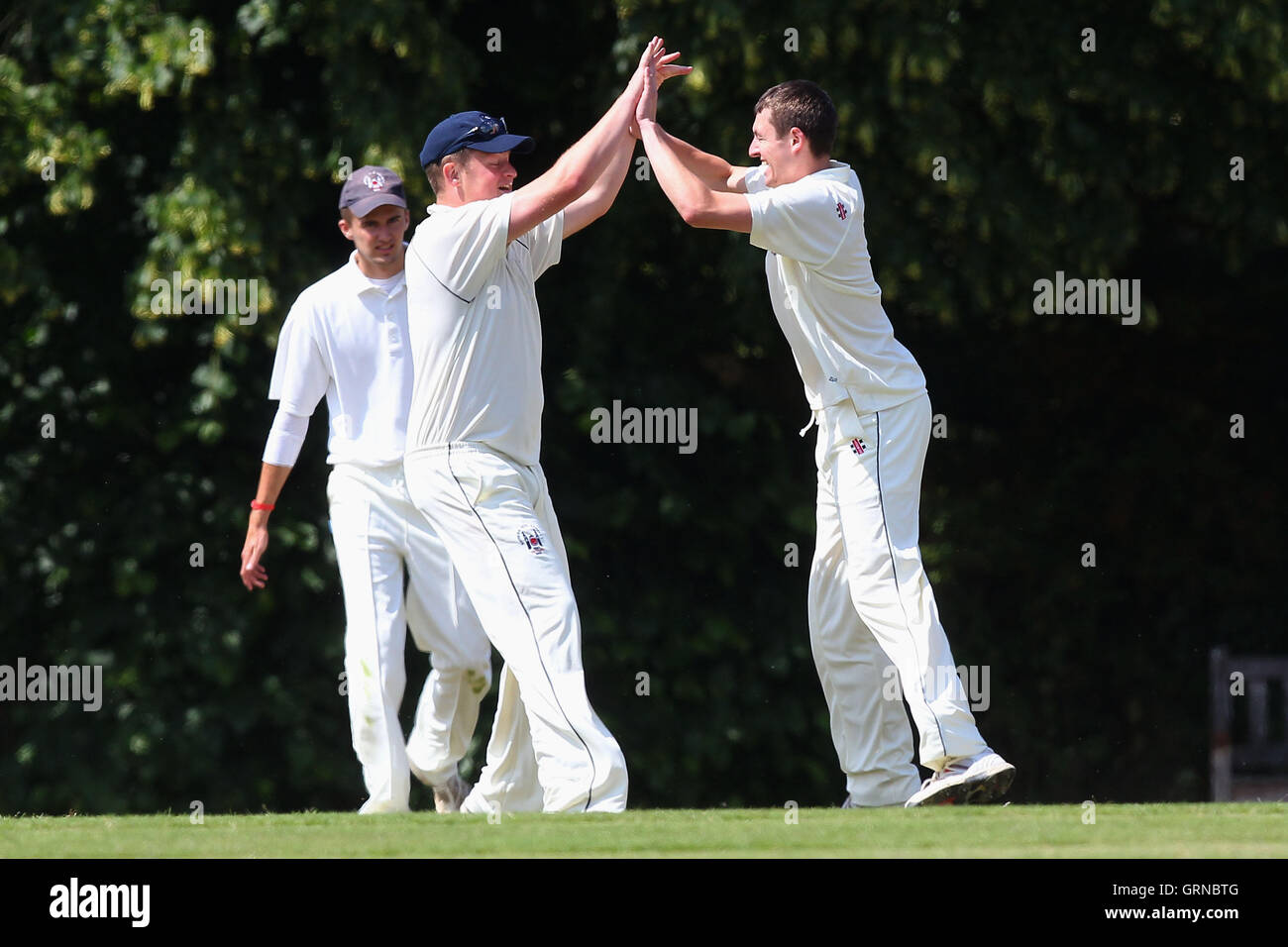 M Roe of Havering (R) celebrates the fourth Herongate wicket - Herongate CC vs Havering-atte-Bower CC - Mid-Essex Cricket League - 21/06/14 Stock Photo