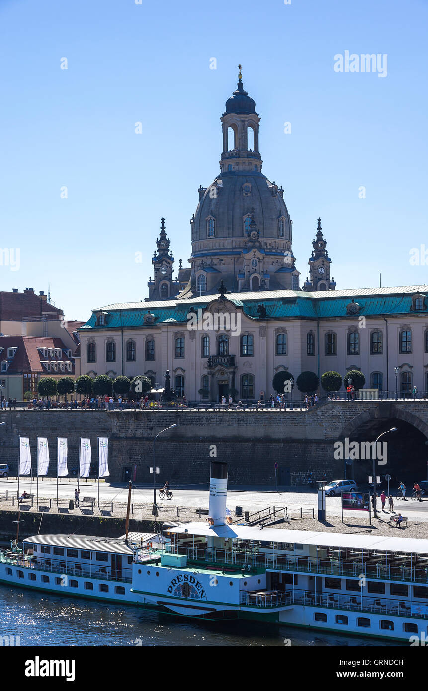 Historic Paddle Steamer And Bruhl's Terrace In Dresden, Saxony, Germany Stock Photo
