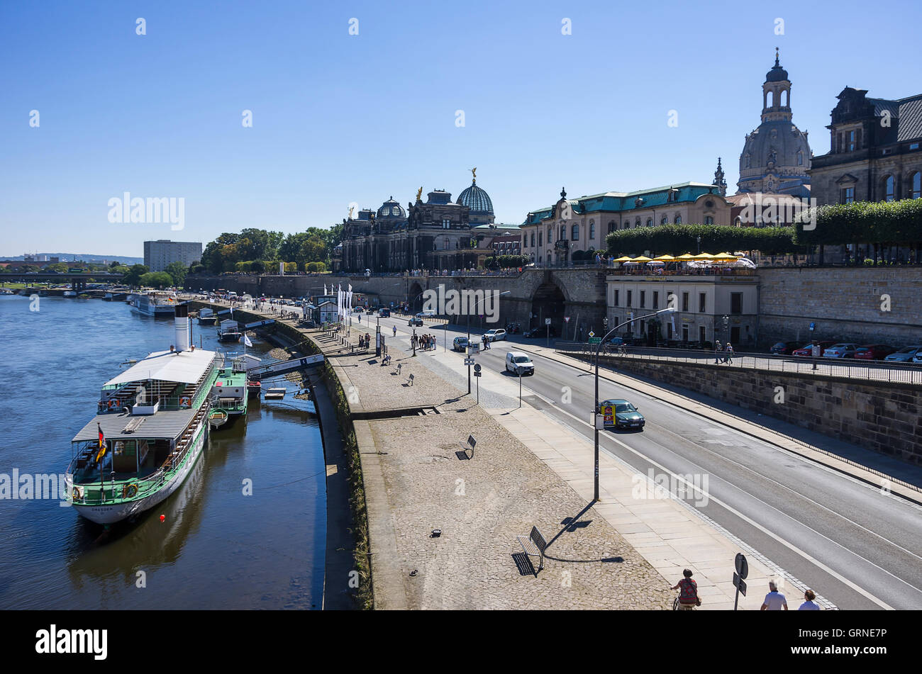 Historic Paddle Steamer And Bruhl's Terrace In Dresden, Saxony, Germany Stock Photo