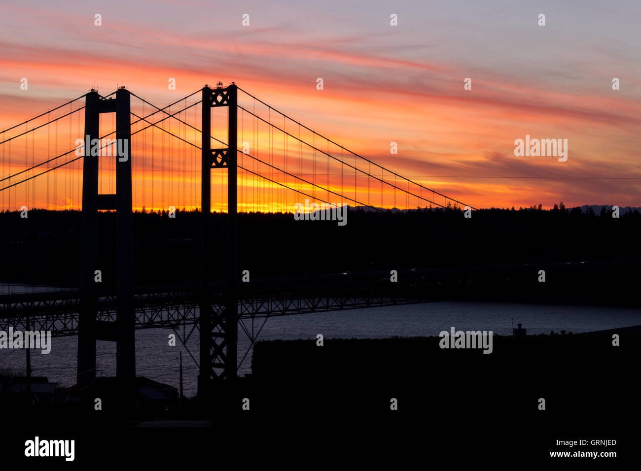 Narrows Bridge Tacoma WA sunset Stock Photo