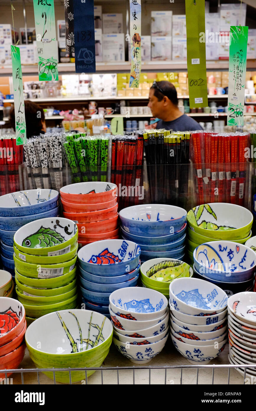 Ceramic bowls pots and other kitchen stuff for sale in New Kam Man Chinese grocery store.Manhattan,New York City,USA Stock Photo