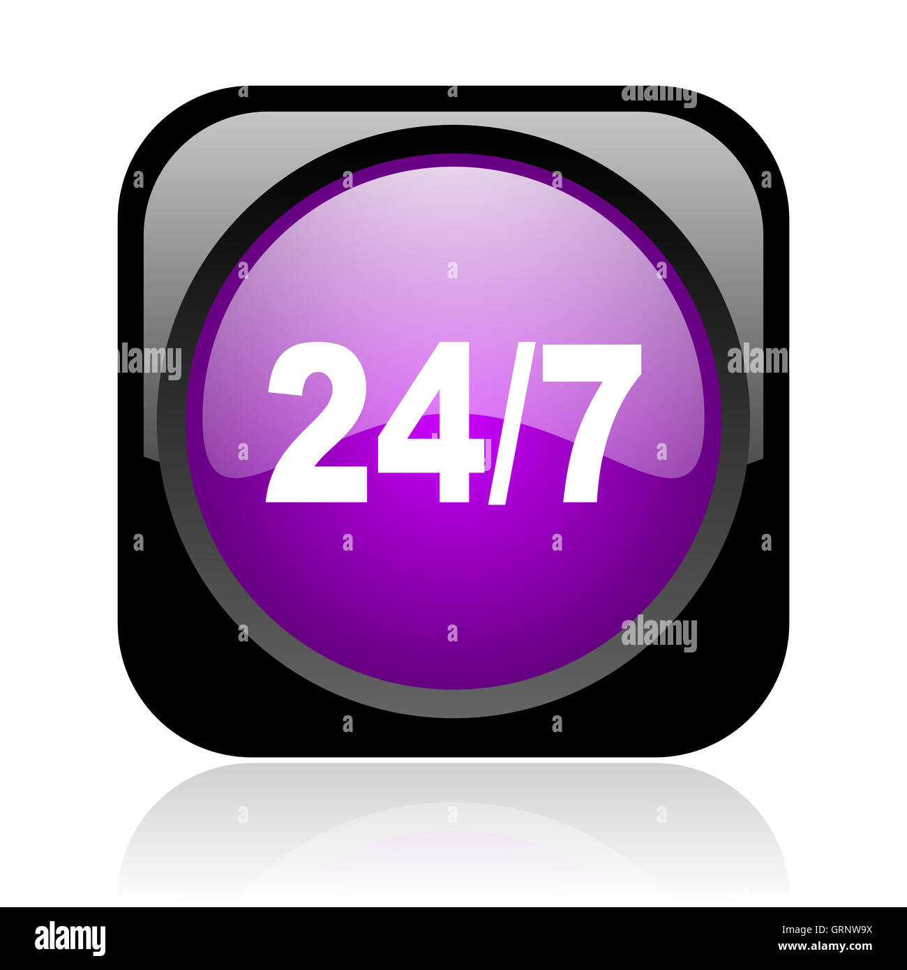 24/7 black and violet square web glossy icon Stock Photo