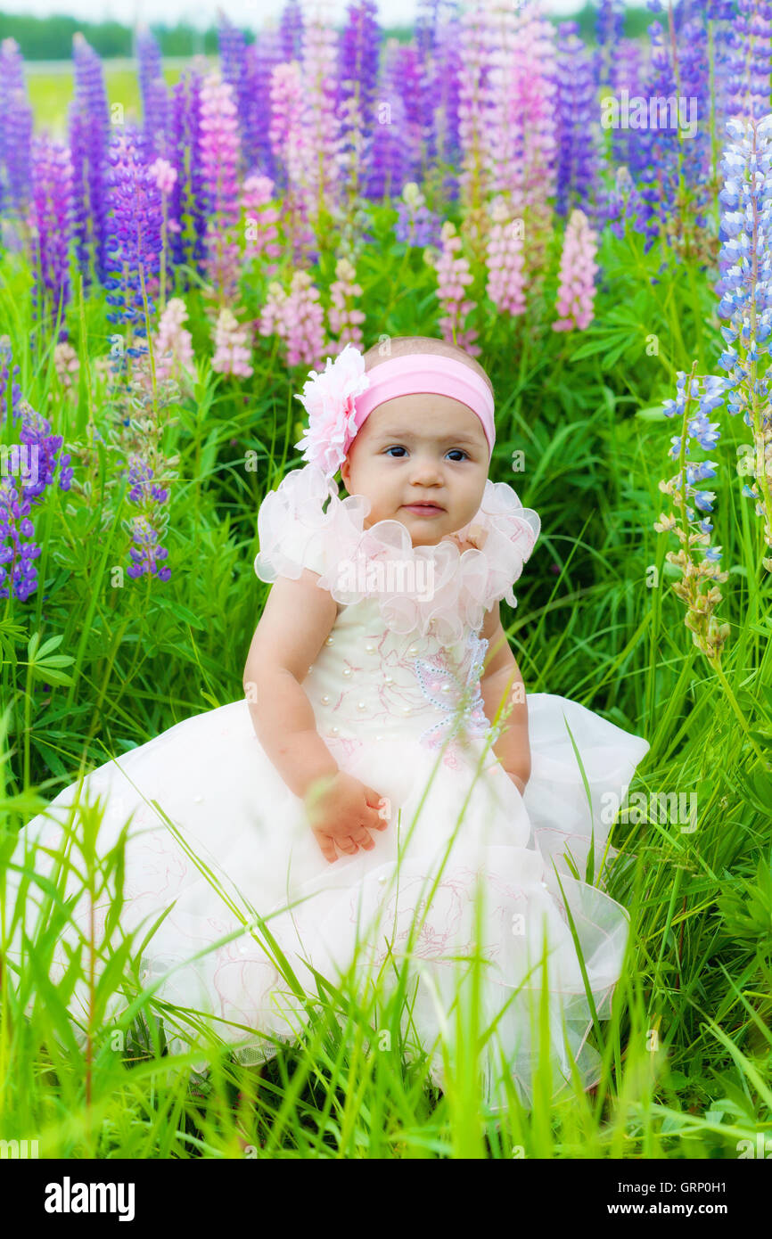 Little girl in an elegant dress sits on a grass Stock Photo - Alamy